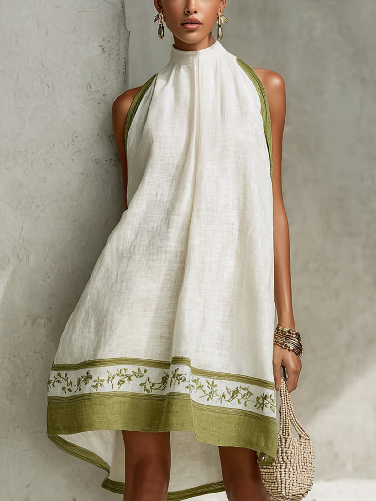 Laurent | Minivestido trapecio sin mangas blanco y verde oliva con flores