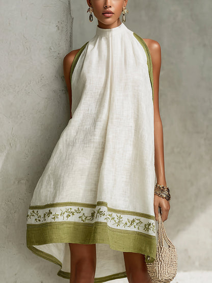 Laurent | Minivestido trapecio sin mangas blanco y verde oliva con flores