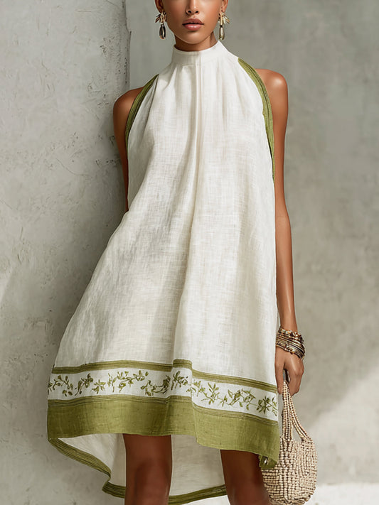 Laurent | Minivestido trapecio sin mangas blanco y verde oliva con flores