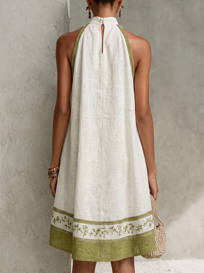 Laurent | Minivestido trapecio sin mangas blanco y verde oliva con flores